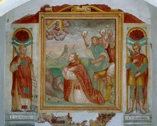Das Martyrium des Heiligen Stephanus zwischen den Heiligen Laurentius und Theodor